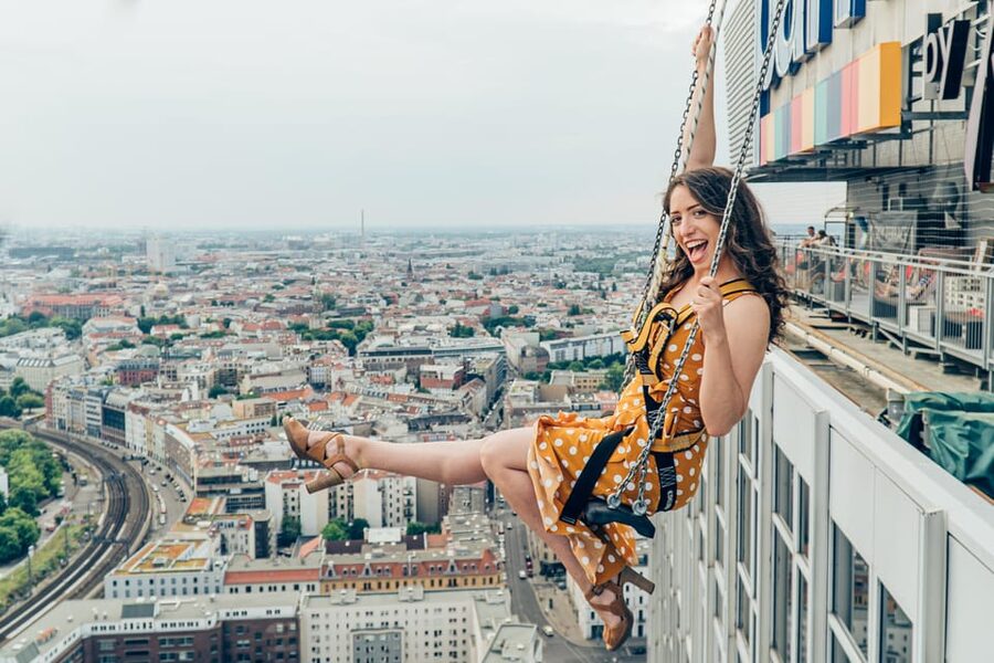 Berlin: Highest Swing in Europe - Where the swing starts: Park Inn, rooftop signs, and getting oriented